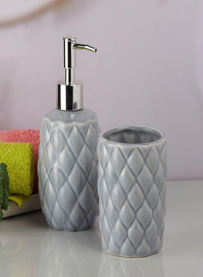 Kookee Ceramic Bathroom Set - Stylish 2 Piece Bath Accessories Kit with Soap Dispenser, Toothbrush Holder - Modern & Designer Decor for Home & Guest Bathrooms, Grey (9604) - Image 3